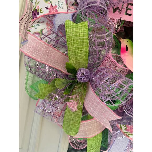 Welcome Hummingbird Mesh Ribbon Spring & Summer Wreath Door Hanger Home Decor - Picture 4 of 8